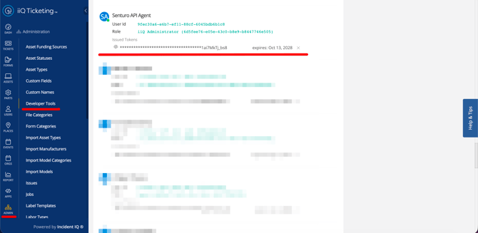 IncidentIQ Developer Tools > API Tokens screen, showing creation of “Senturo API Agent” token.