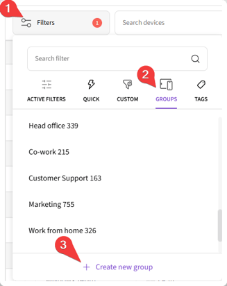 Clicking Filters, switching to Groups tab, and clicking Create New Group