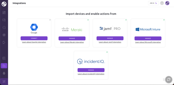 Senturo Integrations page showing the IncidentIQ integration tile before connection.