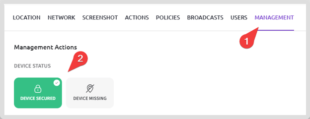 Toggling between device secured and missing in the management panel