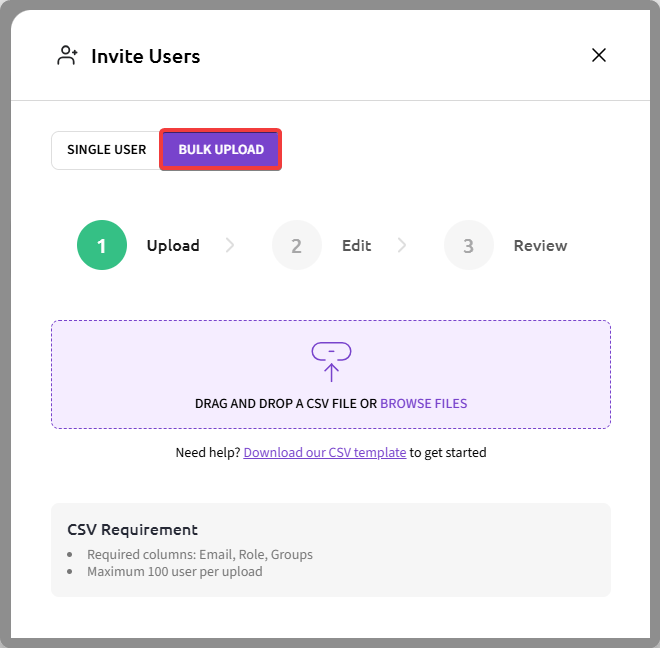 Use the Bulk Upload tab to make changes to user access in bulk.