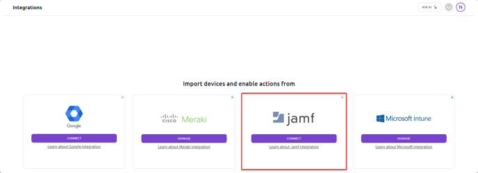 Senturo Integrations page with Jamf Connect button