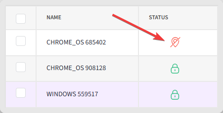 Clicking the lock icon in the Devices table to change device status