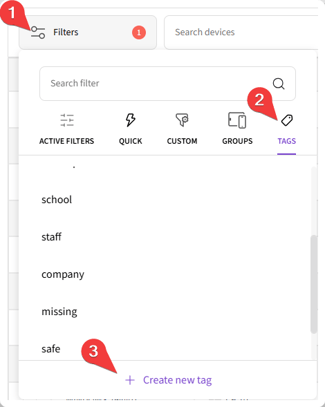 Clicking Filters, switching to Tags tab, and clicking Create New Tag